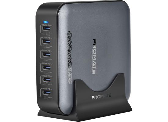 Promate PowerBase-GaN285 285W GaN Charging Station, 6-Port USB-C Desktop Charger with PPS, 100W/65W/30W Outputs, Overheat Protection, Stand and 1.5M Cable, for MacBook, iPhone, Galaxy - Black